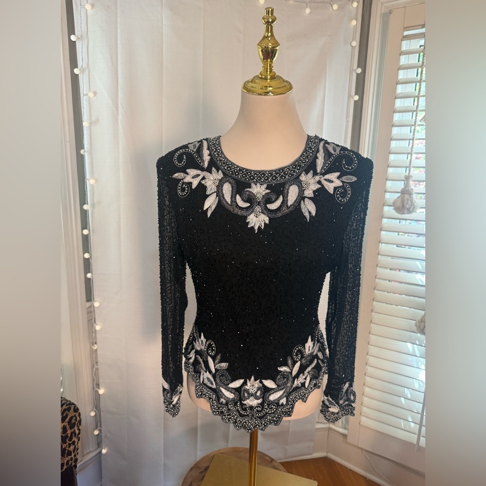 Vintage Lawrence Kazar Silk Beaded Top Black Silver Evening Blouse XL Fits S/M